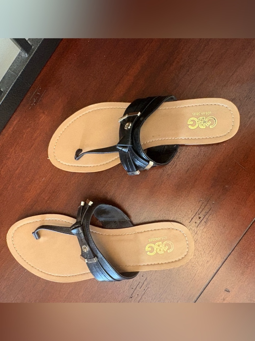 GBG Los Angeles Black and Tan Thong Sandals
